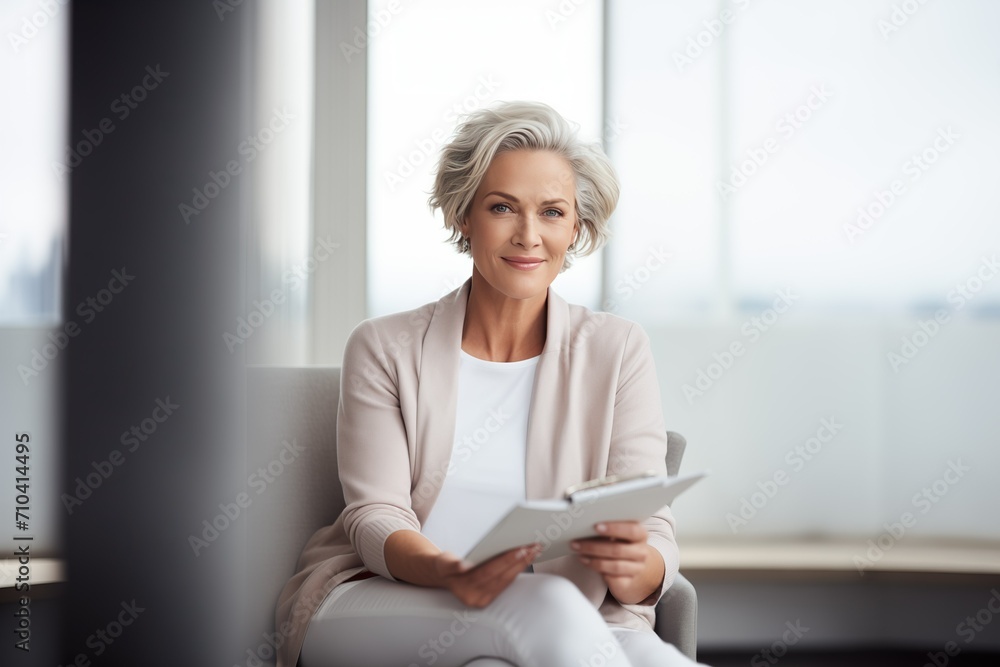 Professional mature female psychiatrist, sitting in a chair while conducting a therapy session, with documents in hand. Mental health concept Professional mature female psychiatrist, sitting in a chair while conducting a therapy session, with documents in hand. Mental health concept