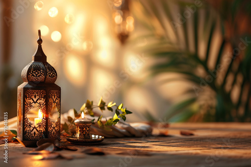 Islamic holy night with eastern lantern on a light background. Ramadan Kareem. Copy space.