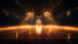 An empty basketball court with wooden floor and a hoop, in the style of dramatic


