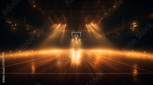 An empty basketball court with wooden floor and a hoop, in the style of dramatic

 photo