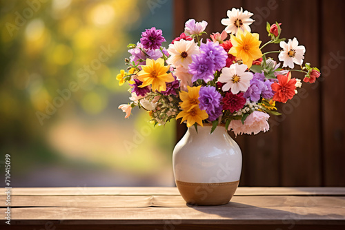 Bouquet of colorful flowers in a rustic vase, sitting on a wooden table in front of a blurred nature background