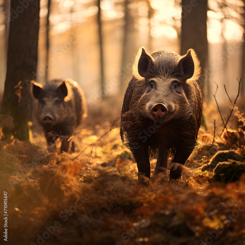Group of boars running in the forest river with setting sun. © linda_vostrovska