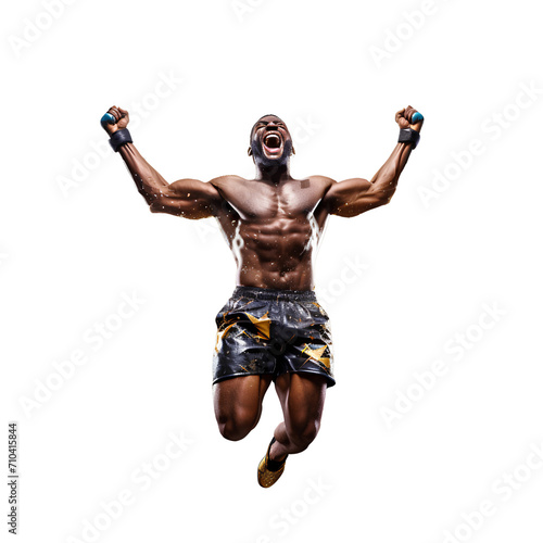 A fighter, a boxer, expresses his joy at winning. With fists raised, isolated on transparent background © Leokensiro