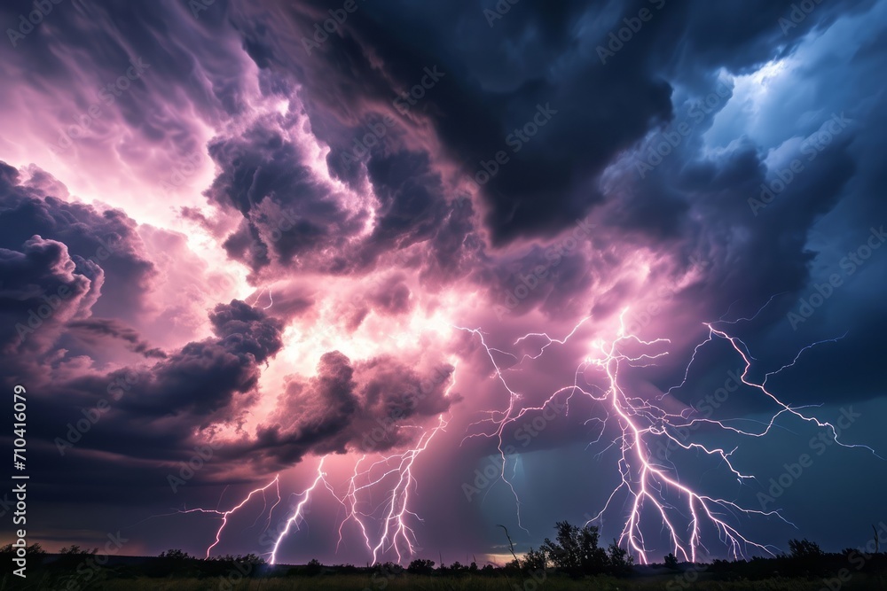 A stormy sky with multiple cloud to ground lightning strikes. Generative AI