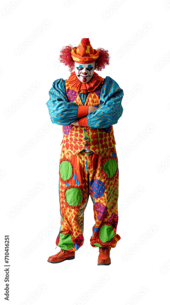 Clown, full length, alone in the studio. has a transparent background
