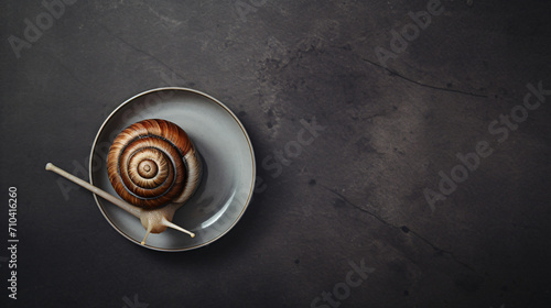 Cinnamon snail on grey table seen from above.