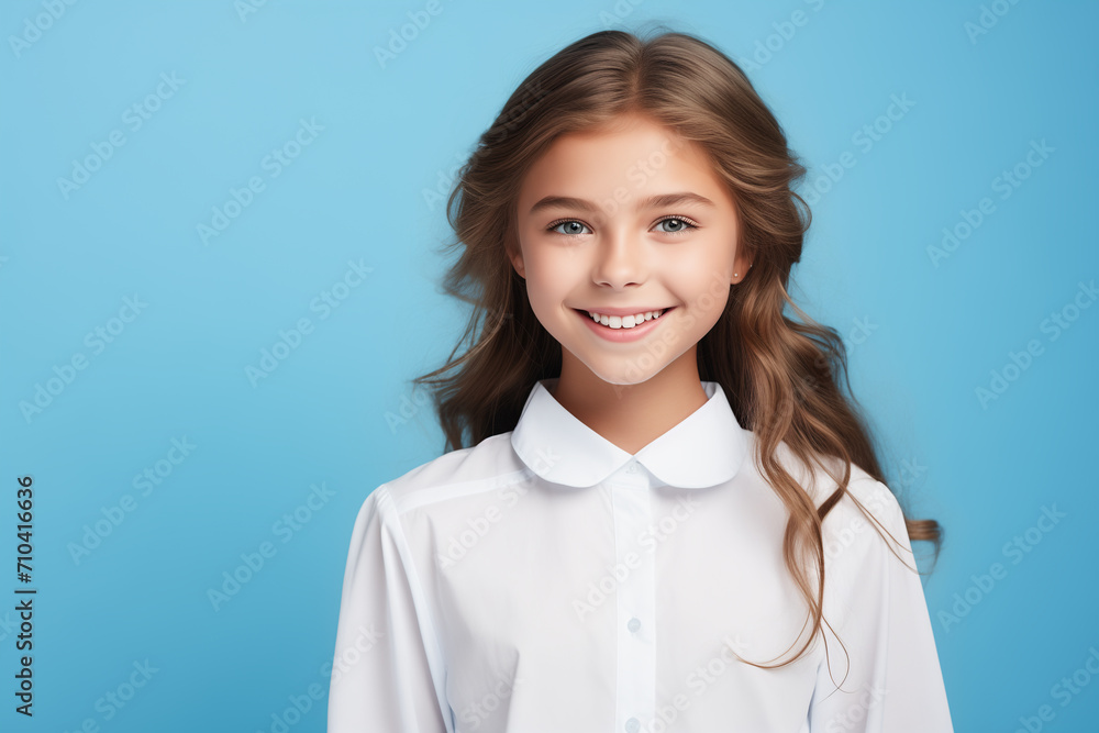 Waist up shot of happy curly girl with toothy smile, wears white shirt, expresses good emotions, enjoys nice day, isolated over blue background. Face expressions Waist up shot of happy curly girl with toothy smile, wears white shirt, expresses good emotions, enjoys nice day, isolated over blue background. Face expressions