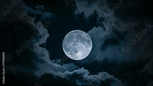 full moon in a dark night sky, surrounded by clouds mysterious eerie moonlight atmosphere symbolism