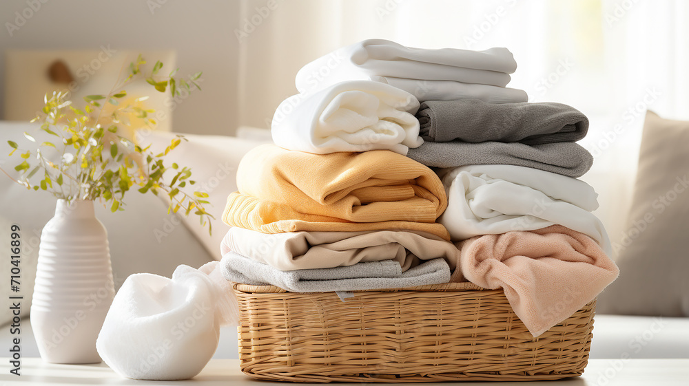 a basket with clean linen in an atmosphere of home comfort with natural soft lighting a basket with clean linen in an atmosphere of home comfort with natural soft lighting