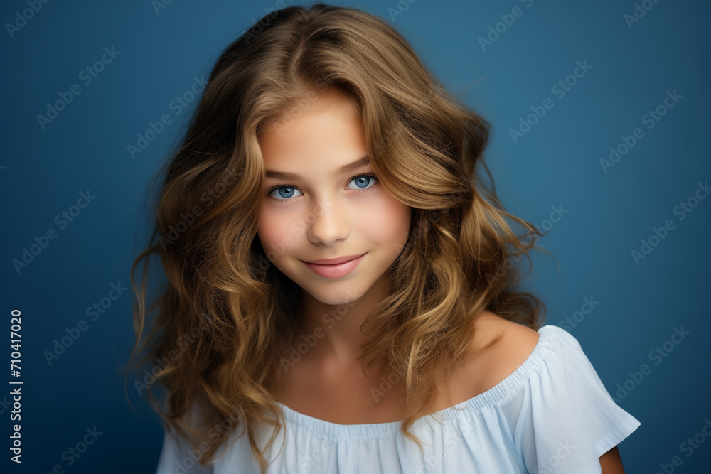 Waist up shot of happy curly girl with toothy smile, wears white shirt, expresses good emotions, enjoys nice day, isolated over blue background. Face expressions Waist up shot of happy curly girl with toothy smile, wears white shirt, expresses good emotions, enjoys nice day, isolated over blue background. Face expressions