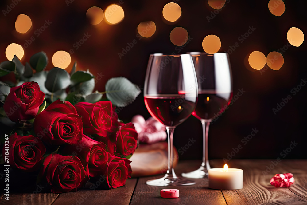 Romantic dinner setting with red wine, roses, and candles, Valentine's day concept Romantic dinner setting with red wine, roses, and candles, Valentine's day concept