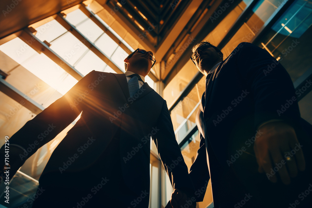  Low-Angle Shot, Great partnership businessmen Shaking Hands, Looking Up Towards the Ceiling in elevator office building. - obrazy, fototapety, plakaty 
