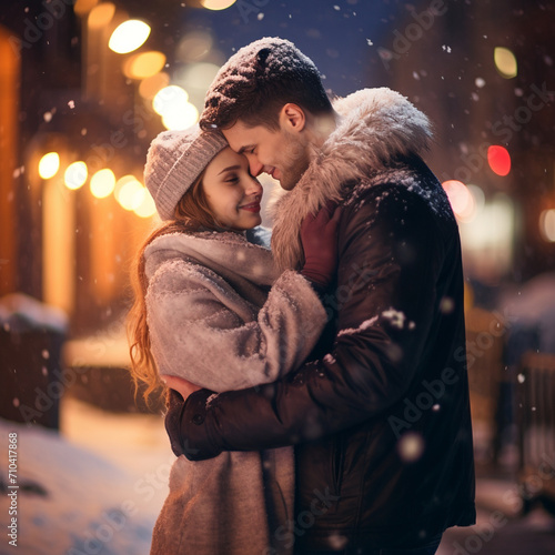 young couple hugging outdoors in winter. generative ai