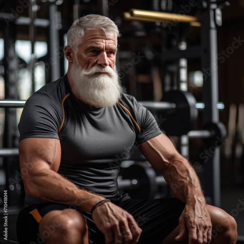 An elderly muscular man in sportswear sits in the gym. Fitness trainer banner layout. © OleksandrZastrozhnov
