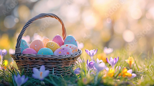 Colorful Easter eggs in a pastel basket on a bokeh background of crocus flowers blooming under the sunlight