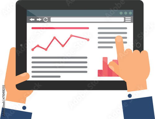 User hand enters data on website of management on portable laptop. Statistic web page menu on screen of digital gadget. Simple flat vector isolated on white background