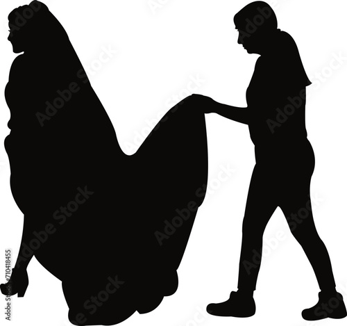 a bride and her bridesmaid walking, silhouette vector