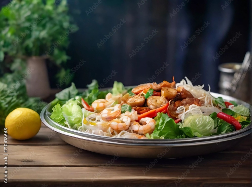 Miang Thai Food Style a plate with shrimp, vegetables and glass noodle Miang Thai Food Style a plate with shrimp, vegetables and glass noodle