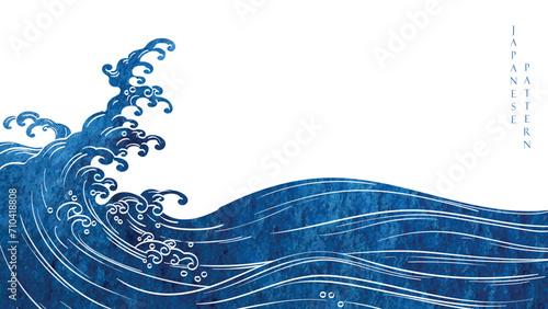 Japanese background with hand drawn wave in vintage style. Art chinese landscape banner design. Water surface element.