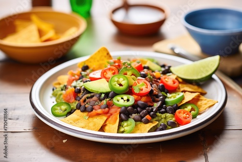 vegan nachos with guacamole and black beans on plate