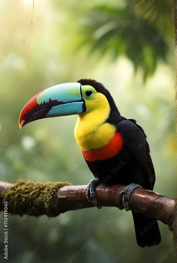 Fototapeta premium Keel-billed Toucan bird sitting on branch, wildlife beauty