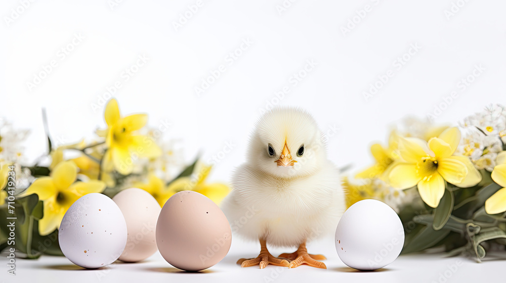Easter spring theme with white chicken and eggs on daffodil flowers background.