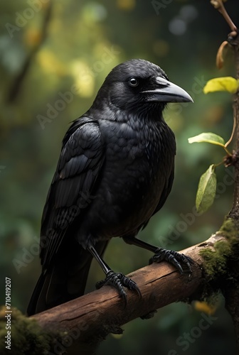 raven on a branch, crow sitting on branch