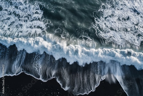 Aerial Photography of Waves crashing on a black sand beach in Iceland. Generative AI
