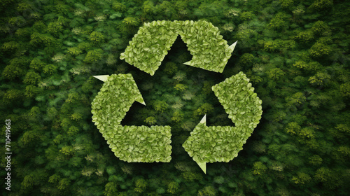 Top view of large recycling logo made from grass on tropical forest background.