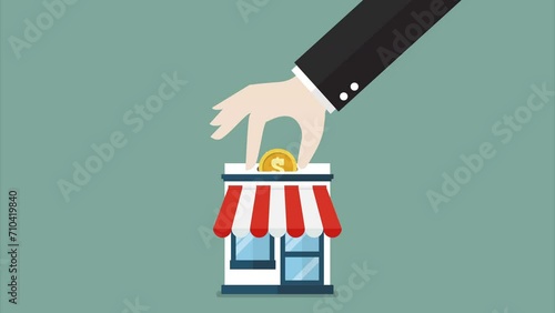 Hand is collecting coin in shop store motion. 4k video animated
