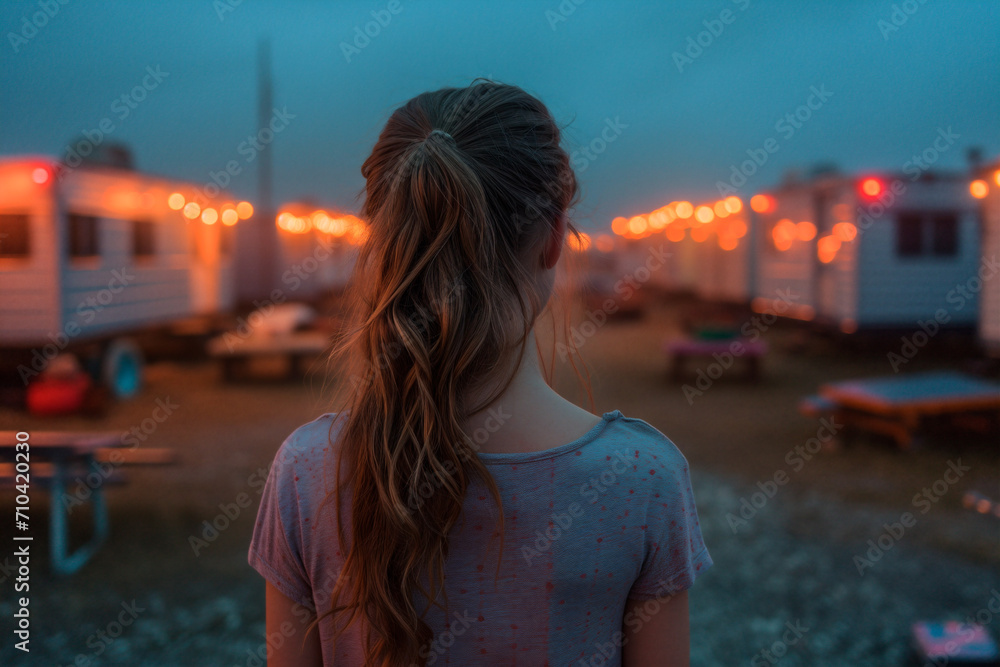 AI generated illustration of a woman observing camping trailers in twilight