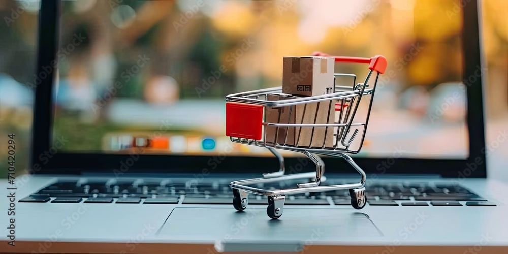 Digital commerce delight. Conceptual showcasing online shopping with laptop shopping cart and basket perfect for marketing retail and e commerce business