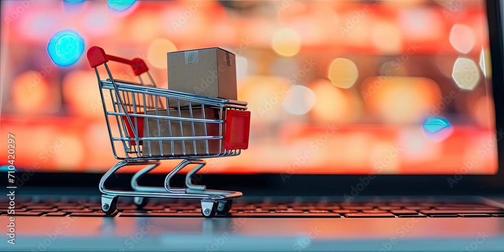 Digital commerce delight. Conceptual showcasing online shopping with laptop shopping cart and basket perfect for marketing retail and e commerce business