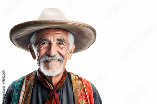 Old mexican man with traditional hat on white background. Generative ai design.