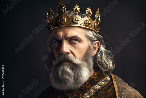 King with beard and crown on dark background. Generative ai design.