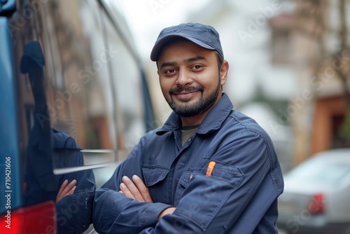 The uniformed delivery van driver is an Indian guy. Generative Ai.