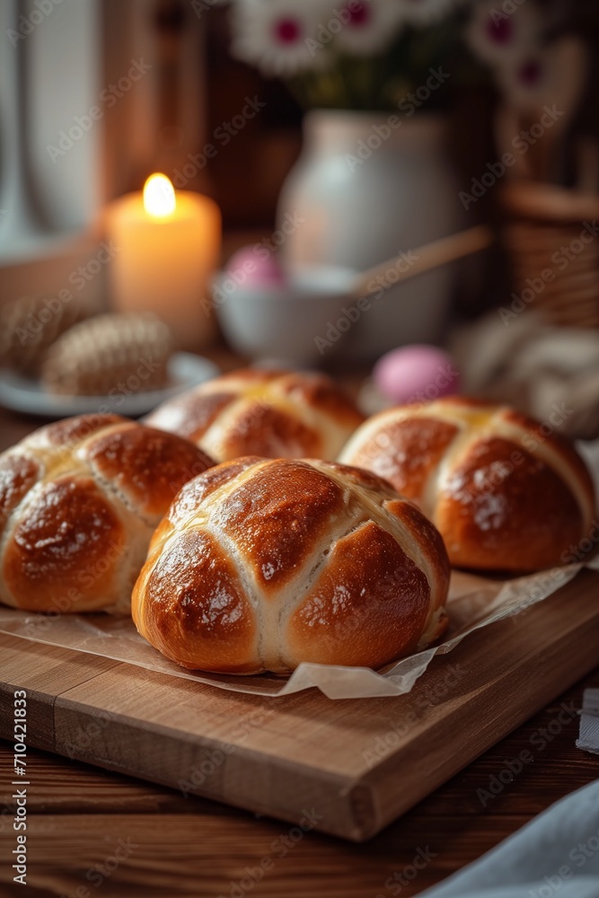 Easter cheesy hot cross buns on tea towel with jug of flowers and candles in country kitchen