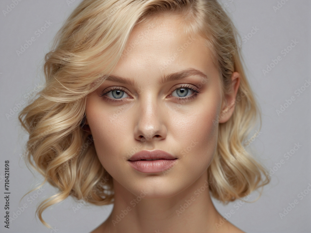 Graceful glamour: captivating frontal close-up of a beautiful blond woman, echoing hair salon and natural makeup inspirations. Graceful glamour: captivating frontal close-up of a beautiful blond woman, echoing hair salon and natural makeup inspirations.