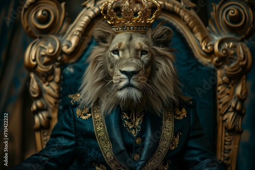 Anthropomorphic lion in a suit with gold embroidery with a golden crown sitting on a throne