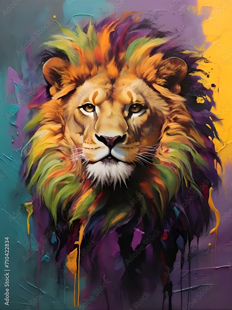 Fototapeta A Vibrant Print of a Lion Made of calmly Colored Paint Splatter