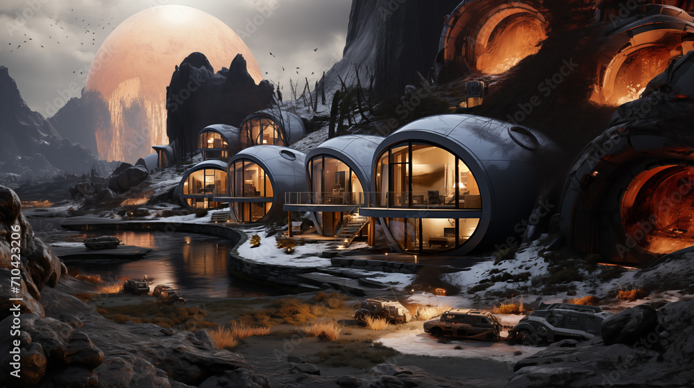 SF houses on a remote alien planet - obrazy, fototapety, plakaty 