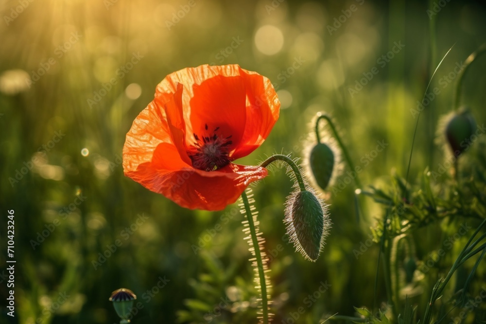 Obraz premium Field of Scarlet: A Stunning Image Featuring a Red Poppy in the Meadow, Nature's Vibrant Expression of Beauty and Tranquility. 