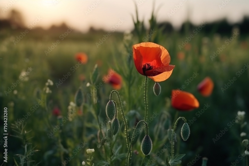 Obraz premium Field of Scarlet: A Stunning Image Featuring a Red Poppy in the Meadow, Nature's Vibrant Expression of Beauty and Tranquility. 