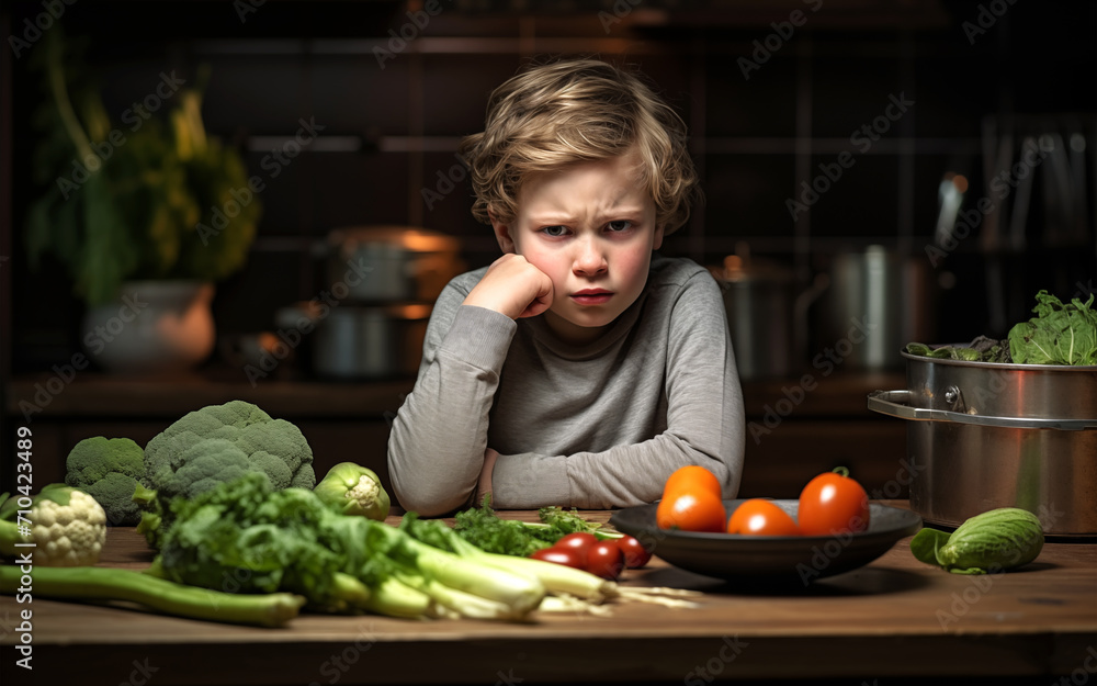 Frowning, upset boy doesn't like veggies sitting in kitchen, surrounded by healthy, fresh vegetables.
