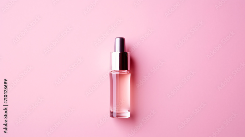 Cosmetic serum on pink background top view. Space - obrazy, fototapety, plakaty 