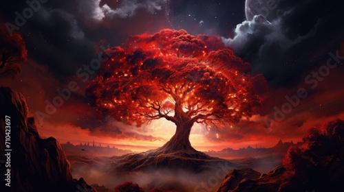 Mystical landscape with illuminated tree under starry sky. Fantasy and imagination.