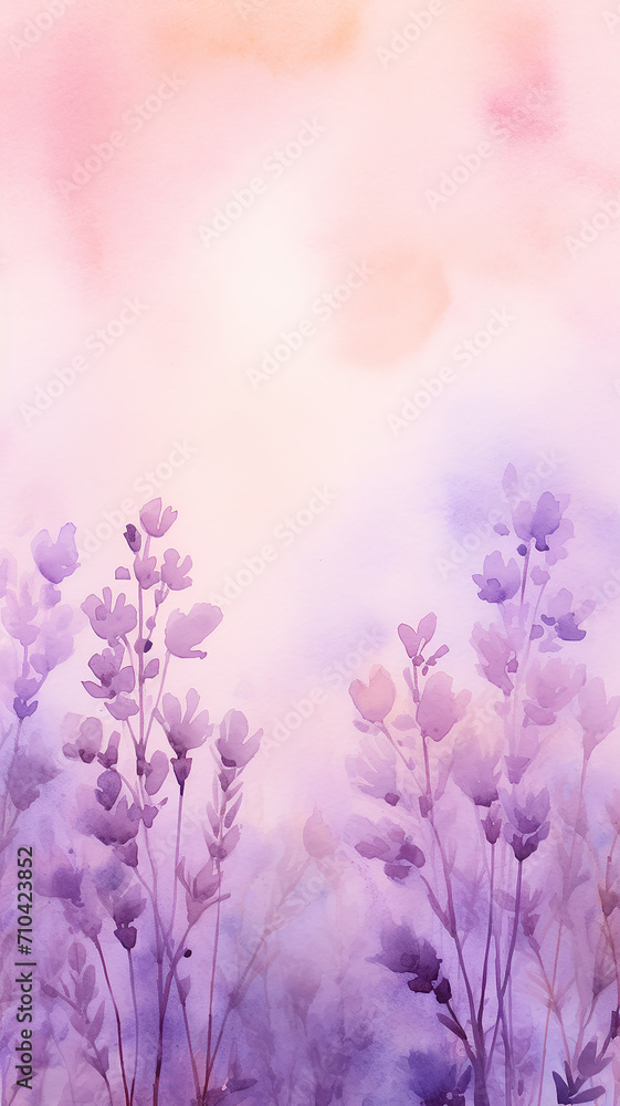 Obraz premium high, narrow, lavender background delicate pastel pink flowers blurred background with copy space vertical, panorama