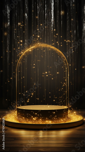 Vertical pedestal background, golden presentation of a new product, background with copy space