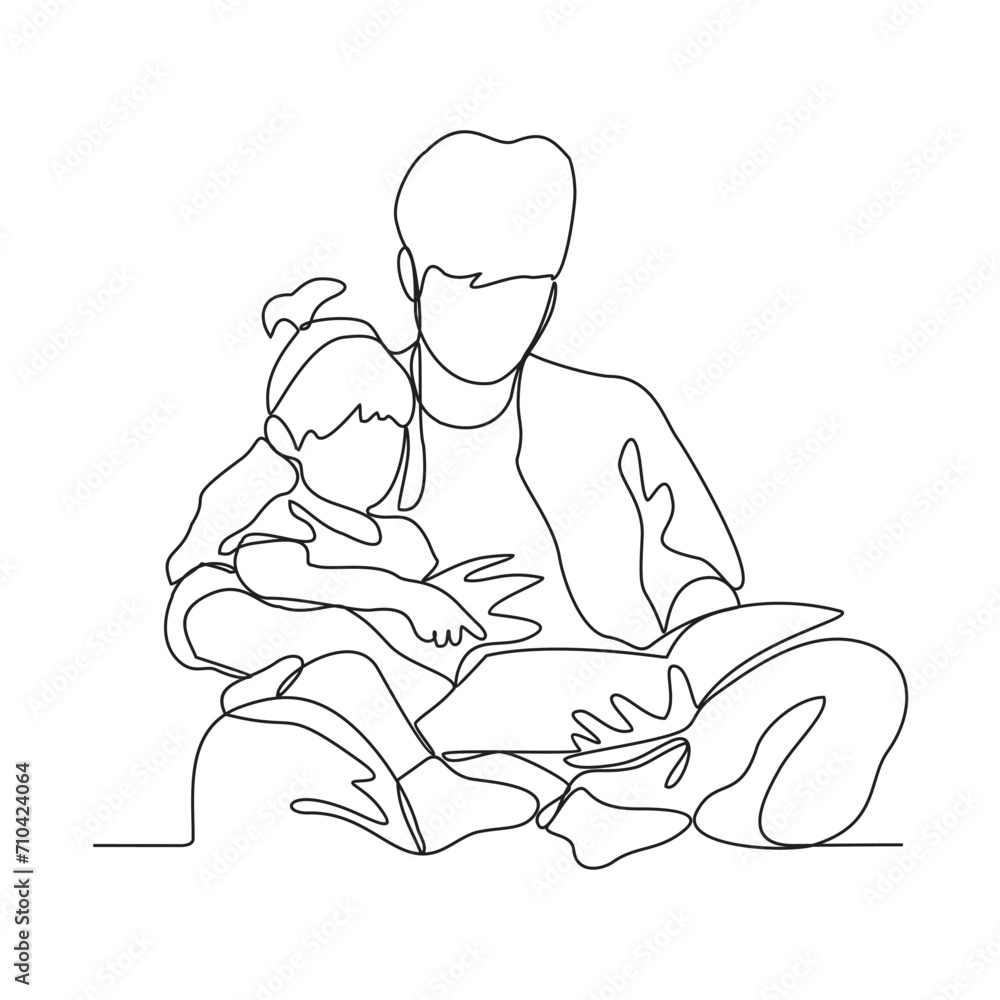One continuous line drawing of a child is playing and learning with his father in their house vector illustration. Child and Dad study activity illustration in simple linear style vector concept.