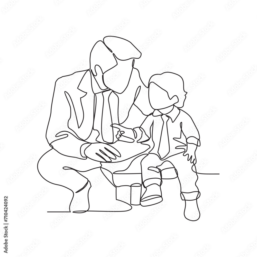 One continuous line drawing of a child is playing and learning with his father in their house vector illustration. Child and Dad study activity illustration in simple linear style vector concept.